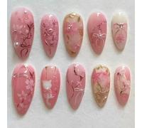Shimmerz 30 Pieces Pink Blossom Press On Nails Medium Almond Shape Artificial Nails Peach Blossom with 3D Rhinestones Pearls Gold Glitter Design Adorable Cat Nails