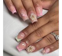 Shimmerz24 Pieces Pink Green French Tip Press on Nails, Short Square Spring False Nails with 3D Flower Design, Floral Summer Nail Decoration
