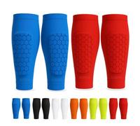 Shin Defender Kids, Shindefender Shin Guards Pads - 2 Pairs of Honeycomb Compression Sleeve, Soccer Shindefender Sleeves for Youth Adult (M(AGE11-13),BLUE+RED)