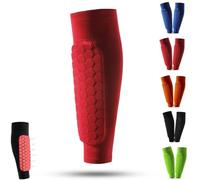 Shin Defender Shin Pads, Shindefender Shin Guards, Shin Defender Washable, Shin Defenders with Honeycomb Compression Sleeve for Kids, Boys, Teenagers, Adults (Red, L)
