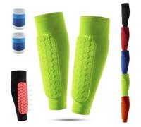 Shin Defender Soccer Shin Pads with Flexible Honeycomb Compression Sleeve for Kids & Adults (Green)
