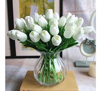 SHINE-CO LIGHTING PU Fake Tulips Real Touch Artificial Flowers 10Pcs Flower Arrangement Bouquet for Home Office Wedding Decoration (White)