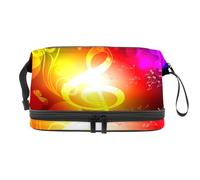 Shine Music Note and Flower Double Layer Cosmetic Bag for Women and Girls, Travel Toiletry Bag Makeup Handy Pouch Organiser Bag with Brush Compartment