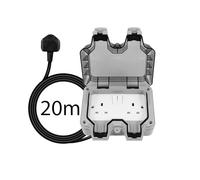 Shine Planet Weatherproof Double Outdoor Socket - IP66 Waterproof Outside Garden Extension Lead Box - Switched Wall Electrical Outlet 13Amp 2 Gang Power Socket 3-20M (20M)