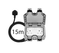 Shine Planet Weatherproof Double Outdoor Socket - IP66 Waterproof Outside Garden Extension Lead Box - Switched Wall Electrical Outlet 13Amp 2 Gang Power Socket 3-20M (15M)