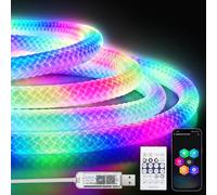 ShineBurky 5M RGBIC Neon Rope Light, 360° RGB Outdoor LED Strip Lights, 5V USB Waterproof Music Sync Colour Changing Remote APP Control Lights for Gaming Room TV Backlight Bedroom Ceiling Wall Decor