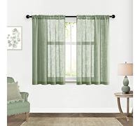 SHINELAND Bathroom Short Curtains, with Eucalyptus Decor, Linen-like Transparent Boho Curtains for Kitchen or Shower Windows, 48 inches Long, Set of 2, Sage Green