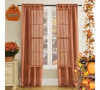 SHINELAND Burnt Orange Curtains 2 Panels for Living Room 84 Inches Long Sheer Boho Faux Linen Textured Indian Bohemian Curtains for Bedroom Window,Dark Orange
