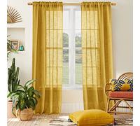 SHINELAND Mustard Yellow Window Curtain Panels for Living Room 84 Inch Length Set of 2 Long Semi Sheer Drapes,Light Filtering Reducing Rod Pocket Linen Textured Boho Curtains for Bedroom,Dark Gold