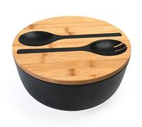ShineMe Black Salad Bowl Set, 9.8inches Large Bamboo Fiber Salad Bowl With Lid and Utensils(Spoon & Fork), Solid Mixing Bowl For Serving Pasta, Fruits, Vegetables, Bread and Chips