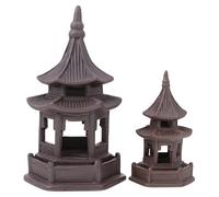 SHINEOFI 2Pcs Hexagonal Pavilion Ceramic Craft Decors Brown Chinese Pagoda Models for Micro Landscape Realistic Fine Carved Details Classic Zen Garden Adornments for Tea Table and Home