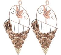 SHINEOFI 2Pcs Vintage Rattan Hanging Flower Basket Wall Planter Cone Shaped Indoor Outdoor Floral Basket Retro Hanging Planter for Home Garden Decor