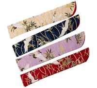 SHINEOFI 4Pcs Japanese Style Folding Hand Fan Protective Bags Set Silk Fabric Fan Storage Pouches with Crane Pattern in Dark Blue Beige Purple Dark Red Travel and Use