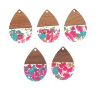 SHINEOFI 5pcs Handmade Resin Wood Teardrop Charms Lightweight Water Drop Pendants with Vibrant Gold Foil for DIY Earrings Necklace Jewelry Making Craft Supplies