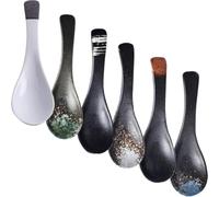SHINEOFI 6pcs Japanese Vintage Ceramic Soup Spoons Set, Small Porcelain Ramen and Noodle Spoons for Serving and Weaning, Assorted Colors (Snowflake Green, Jade Yellow, Charcoal Black,