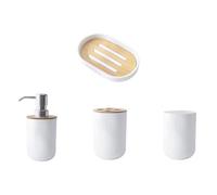 SHINEOFI Bamboo Bathroom Accessories Set 4pcs - Personal Washing Cup, Toothbrush Holder, Soap Dish, Lotion Bottle - White Bathroom Storage Kit for Toilet and Modern Bath Supplies