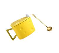 SHINEOFI Ceramic Cheese Shape Coffee Mug with Lid and Gold Spoon, Yogurt Container Milk Cup for Kitchen, Cute Novelty Water and Coffee Mug Set for Home Use