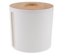 SHINEOFI Circular Roll Paper Holder with Bamboo Wooden Lid, White round Tissue Dispenser Box for Bathroom and Kitchen Countertop, Reusable Paper Organizer for Toilet and Washroom Storage
