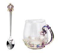 SHINEOFI Enamel Crystal Glass Tea Cup Set with Crown Low Cup and Spoon 250ml Home Drinking Mug for Flower Tea and Coffee for Daily Use Random Color