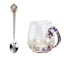 SHINEOFI Enamel Crystal Glass Tea Cup Set with Crown Low Cup and Spoon 250ml Home Drinking Mug for Flower Tea and Coffee for Daily Use Random Color