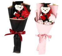 SHINEOFI Graduation Bear Bouquet with 2Pcs Scented Soap Flower Bouquet in Red and Light Pink, Stuffed Bear Set for Her 2023 Graduation Celebration and Photo Prop