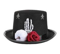 SHINEOFI Halloween Black Felt Gothic Steampunk Top Hat for Women with Skeleton Hand and Red Rose, Comfortable All-night Party Headwear, Victorian High Top Hat for Halloween Party