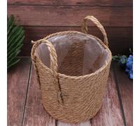 SHINEOFI Handmade Small Woven Straw Flowerpot Basket with Double Thickened Handles, Multipurpose Linen Plant Storage Bin for Home and Indoor Organization