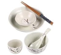 SHINEOFI Japanese Ceramic Tableware Set for Single - 6pcs Household Porcelain Dinnerware with Bowl, Plate, Saucer, Cup, Spoon, and Chopsticks in Blue-Green - Japanese Style Dining Set for