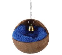 SHINEOFI Natural Coconut Shell Hanging Bird Nest with Blue Pad, Bell, and Warm Cushion - Wear-Resistant Parrot House, Budgie and Canary Cage Bed for Bird Breeding and Nesting