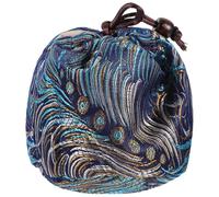 SHINEOFI Portable Satin Drawstring Teacup Pouch Blue Gold Phoenix Tail, Convenient Single Cup Tea Set Storage Bag for Travel and Outdoor Use