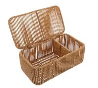 SHINEOFI Rectangular Rattan Storage Basket with Lid, Stackable Woven Basket with 2 Sections and Dustproof Protection, Elegant Japanese Design for Bathroom and Closet Organisation
