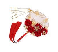 SHINEOFI Vintage Chinese Bride round Hand Fan Red with Five Roses, Handmade Wedding Photography Prop, Traditional Antique Style Fan for Bridal Ceremony and Party Decor