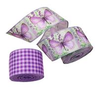 SHINEOFI Wired Edge Ribbon Structure, 2 Rolls Purple Butterfly Burlap Ribbon for Bowknot Making, Buffalo Plaid Ribbon for Party Wrapping, 2.5" 5 Yards