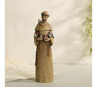 ShineOnAngel 12 Inch St. Francis with Birds Statue Hand-Painted Christian Figurine with Blue and Red Birds on Arms and Shoulders Wood Carving Look Resin Sculpture