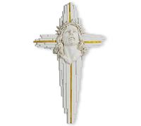 ShineOnAngel Jesus Wall Cross Sculpture, 10 Inch Resin Relief Radiant Savior Wall Crucifix Decor, Handcrafted White and Gold for Christian Home, Church, or Prayer Room Decoration (White)