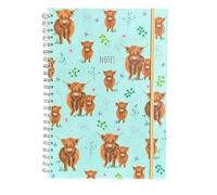 Shineone Watercolour Floral & Highland Cow Spiral Bound Notebook with Elastic Band Closure, A4 Size, 200 Pages, 80 GSM Premium Paper Hardback Cover (Highland Cow)