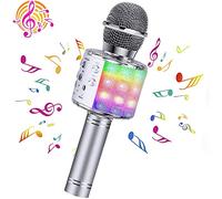 ShinePick Karaoke Wireless Microphone, 5 in 1 Recording & Singing Bluetooth Microphone for Kids Adults, Dancing LED Lights Portable Speaker Karaoke Machine for Phone/Pad/TV (Sliver)