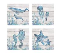 SHINERING Ocean Nursery Wall Art Canvas Painting Blue Sea Life Pictures Oceanic Creature Posters Whale Starfish Prints Bathroom Home Decor 20 * 20cm*4 Frameless