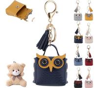 Shinerme Multipurpose Cute Mini Bag Keychain, Leather Owl Tassel Keychain, Owl Coin Purse Keychain, Mini Purse Keychain, Small Coin Purse Keychain, Cute Handbag Ornament Key Chains (Dark Blue)