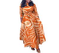 SHINFY Womens Plus Size Camo Dress Long Sleeve African Print Camouflage A-line Flowy Long Maxi Dress with Tie, 1-orange, L