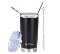 Shinhoo 20oz/ 550ml Insulated Tumbler with Straw and Lid, Double Wall Thermal Coffee Flask Travel Mug Stainless Steel Reusable Cup for Hot Cold Drinks, Spill-Proof (Black)