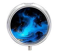 Shining Blue Pill Box, 3 Compartment Small Pill Case, Metal Round Portable Storage Box Stores Vitamins, Medicines, Fish Oil and Supplements