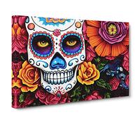 Shining Floral Sugar Skull Canvas Print | Gallery Wrapped 30mm Frame Wall Art | 30x20 inches | Ready to Hang | Contemporary Floral Picture | Living Room Bedroom Lounge Office