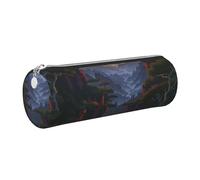 Shining Overlook Printed Leather Pencil Case Cute Stationery Organizer Round Makeup Bag Pen Pouch, Silver Zipper