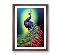Shining Peacock Framed Print | A2 Walnut Framed Wall Art | Ready to Hang | Modern Animal Picture | Living Room Bedroom Lounge Office