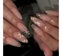 Shining Press On Nails French Gleaming Flower Teard Mediumed Length Fingernails 24pc Comfortable Fit Faux Nails Shimmering Floral ABS Faux Nail