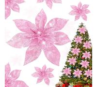 Shining She 10pcs 15CM/5.9inch Christmas Glitter Artificial Poinsettia Flowers, Large Artificial Christmas Flowers for Xmas Party Decoration, Xmas Tree Ornaments Decor, Pink