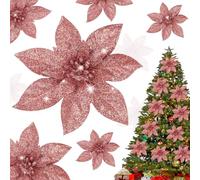 Shining She 10pcs 5.9inch Christmas Glitter Artificial Poinsettia Flowers, Artificial Christmas Flowers for Xmas Party Decoration, Xmas Tree Ornaments Decor, Rose gold