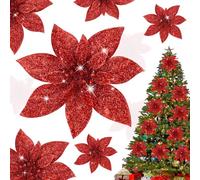 Shining She 10pcs 5.9inch Christmas Glitter Artificial Poinsettia Flowers, Artificial Christmas Flowers for Xmas Party Decoration, Xmas Tree Ornaments Decor, Red