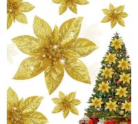 Shining She 10pcs 5.9inch Christmas Glitter Artificial Poinsettia Flowers, Artificial Christmas Flowers for Xmas Party Decoration, Xmas Tree Ornaments Decor, Gold